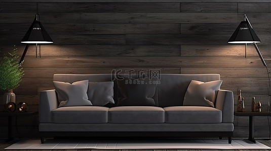 现代 3D 渲染别致的客厅，配有灰色沙发木墙和落地台灯和纹理设计