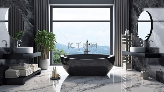 以黑色大理石和白色水泥为特色的优雅浴室设计的 3D 渲染