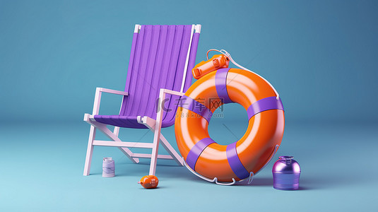 充满活力的蓝色背景，带有 3D 渲染的紫色手提箱躺椅救生圈和沙滩球