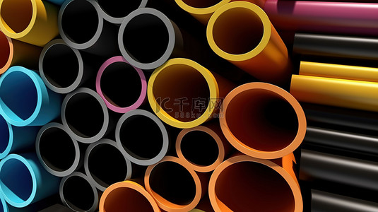 各种 PVC 管系列，3D 插图中描绘的黑色背景上各种管的特写视图