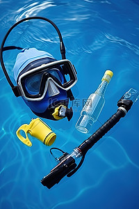 蓝色水中的潜水装备
