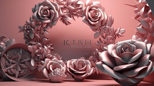 用于产品展示的 3D 渲染中的玫瑰装饰抽象背景