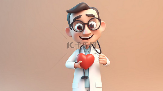 卡通医师背景图片_医疗概念 3d 卡通医生抱着一颗心