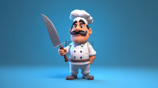 卡通风格 3D 插图的厨师挥舞着一把大刀