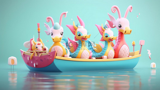 龙舟上的卡通粽子背景图片_端午节龙舟上的粉色吉祥物