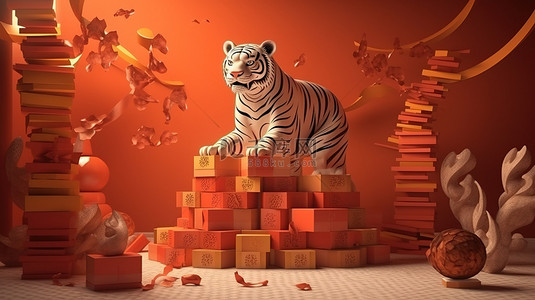 红虎年背景图片_3d 中的胜利老虎呈现在讲台上，成堆的财富和礼物被书法技巧包围