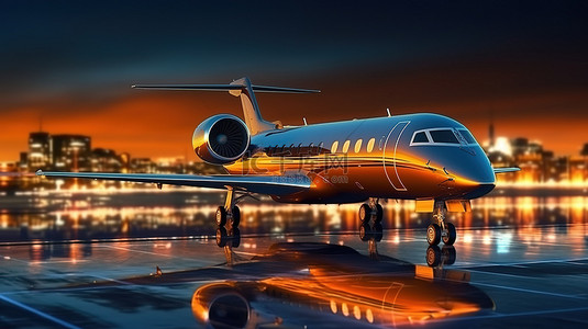 驻扎在跑道上的豪华私人飞机的 3D 渲染，背景为发光的夜景城市景观