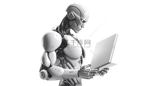 机器人教育背景图片_白色背景机器人在 3D 渲染中持有空白页书