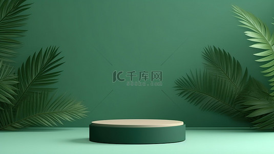 绿色棕榈阴影背景与抽象圆柱讲台 3D 产品场景