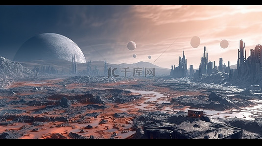 外星大都市 外行星表面的 3D 渲染全景