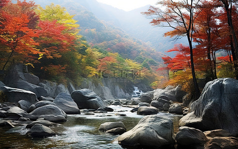 秋天的山和溪