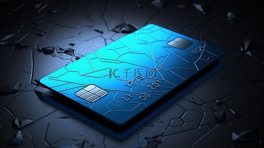 黑色混凝土背景与蓝色信用卡设计的 3D 插图