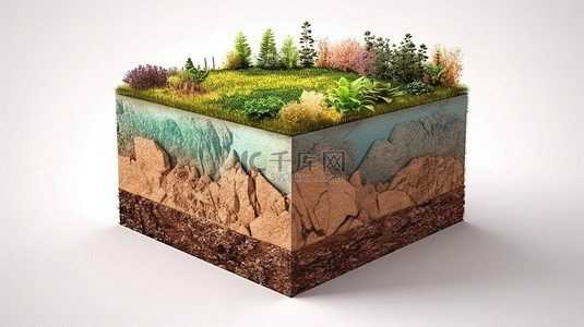 方形土壤横截面的孤立 3D 插图，剖面图显示地质情况和茂密的绿草