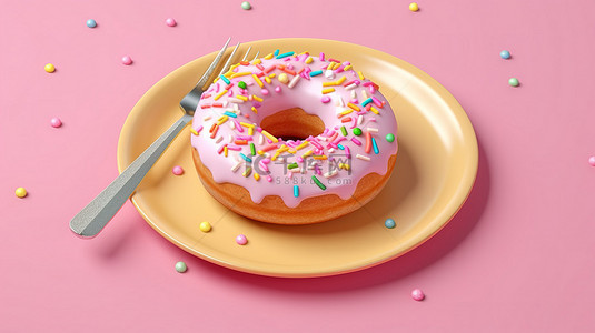 美味的白巧克力釉面甜甜圈，配有彩色洒水，配有叉子和刀，在粉红色背景顶视图 3D 渲染上