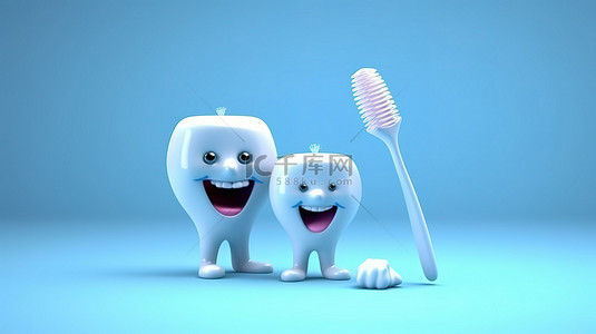 可爱的3D卡通牙齿和牙刷插画