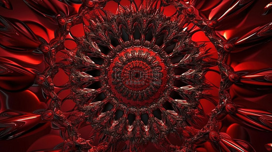 3D 插图中生动红色水晶的圆形万花筒装饰