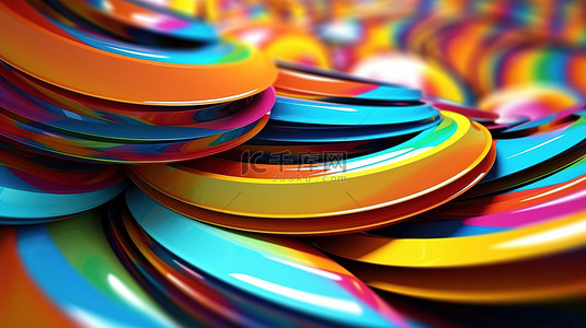 旋转彩色圆圈形状的抽象 3D 渲染