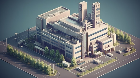 工电力工程背景图片_1 3D 渲染中的等距工厂建筑业务概念