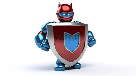 健身小元素背景图片_白色背景上带有蓝色健身追踪器的红色金属盾牌人物吉祥物的 3D 渲染