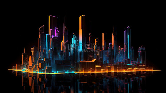 令人惊叹的 3d 渲染中的抽象霓虹灯城市景观