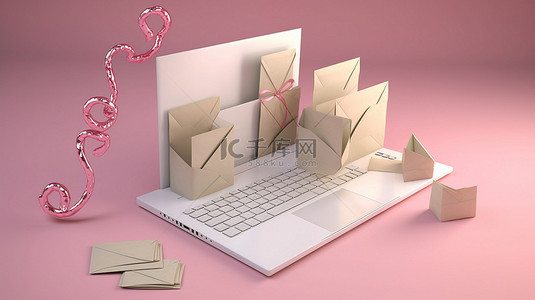 代金券礼包背景图片_3D 时事通讯中推出新促销和优惠券，其中包括一台带有公开信包和礼物的电脑