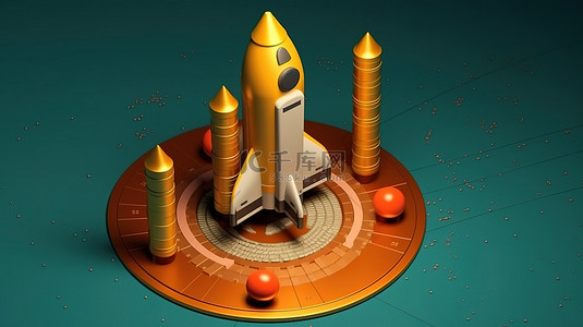 带有生长图和硬币的火箭飞行的等距 3D 渲染