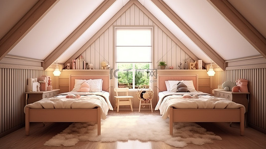 精致的儿童房配有两张单人床和天窗，与棕色木质家具和白色室内 3D 可视化相协调