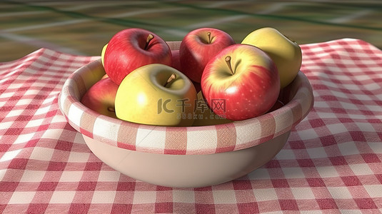 整个和半个苹果堆在碗里的织物上的 3D 渲染