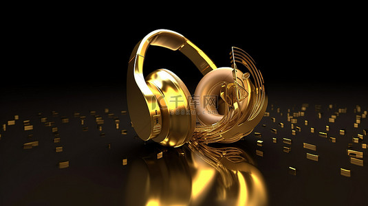 音乐音乐符号背景图片_音乐概念金色高音谱号被 3D 渲染中的耳机包围
