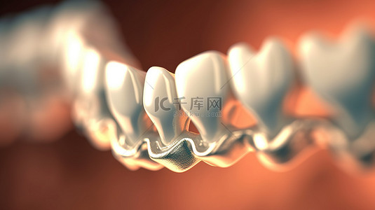 笑容牙齿背景图片_健康牙齿 3d 渲染的牙套治疗的聚焦视图
