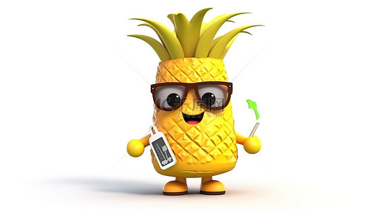 欢快的卡通菠萝时髦吉祥物，内置电池 3D 渲染在白色背景上