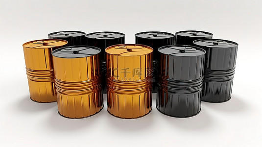 业背景图片_白色背景下工业油容器的悬浮金属桶 3D 渲染