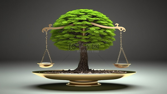 天平秤比较硬币与树木强调绿色生态的意义