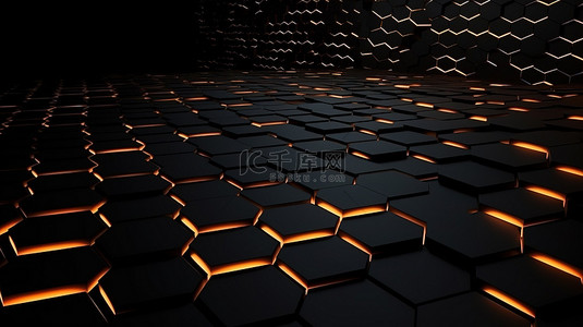 具有黑色和橙色 3d 渲染的现代深色六边形图案