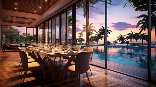 餐厅阳台背景图片_现代豪华住宅餐厅，享有令人惊叹的海景和花园景观 3D 渲染