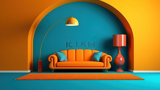 落地灯沙发背景图片_时尚的休息区，色彩鲜艳，配有橙色沙发落地灯黄色墙壁和 3D 渲染的蓝色拱门