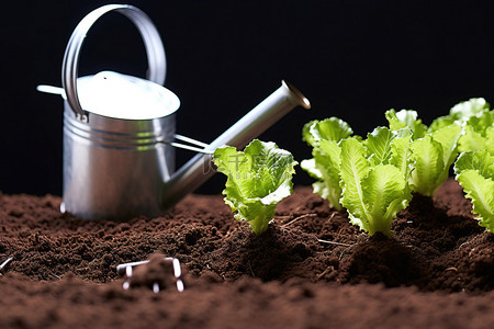 蔬菜土壤背景图片_土壤内有生菜的喷壶
