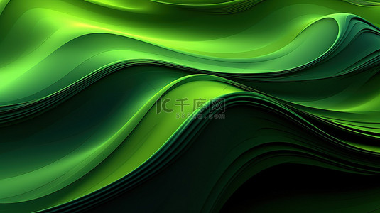 以 3D 渲染的纹理绿色抽象中的分形波和线