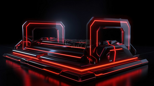 黑色未来派平台，带有以 3D 方式创建的充满活力的红色霓虹灯照明