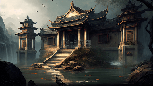房屋中式背景图片_建筑河流中国风格背景