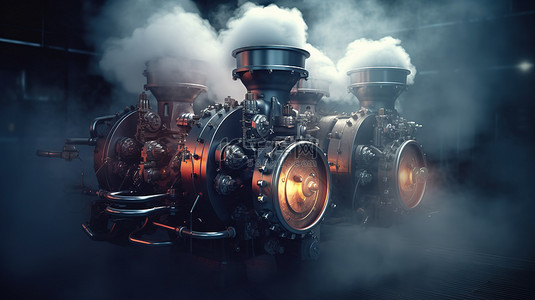 烟雾气体背景图片_笼罩在烟雾或雾中的工业机械的 3D 插图