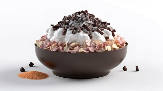 卡通风格 3d 渲染的刨冰甜点，顶部是白色背景的白巧克力