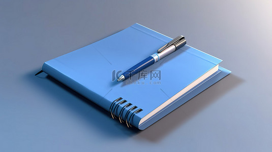 最小的蓝色笔记本和笔的 3D 概念