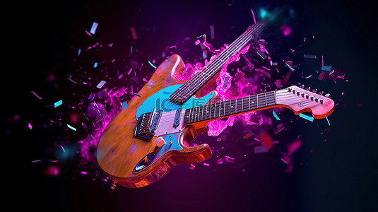 吉他碎成两半的 3D 插图，霓虹灯碎片在空中飞舞