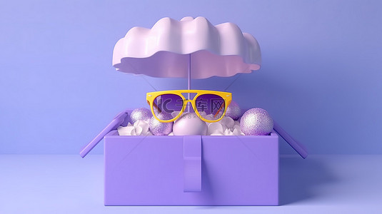 打开礼盒背景图片_夏季概念打开礼盒，带有遮阳浮云和 3D 渲染中的紫色背景