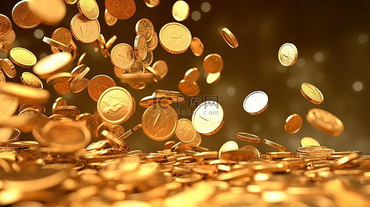 商业银行概念的 3D 渲染闪闪发光的金币掉落