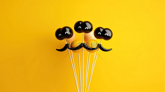 面具喜剧背景图片_3D 渲染的黑色化装舞会胡子在黄色背景下的棍子面具上