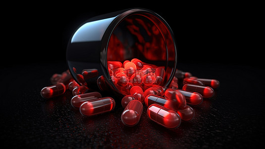 药店导视牌背景图片_红色药胶囊在黑色背景上溢出内容物的 3D 渲染