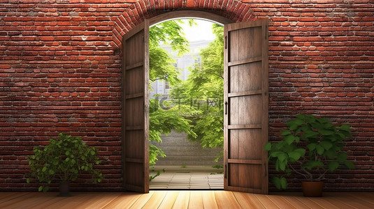 房门锁背景图片_打开门的 3D 渲染，在砖墙上露出宁静的风景