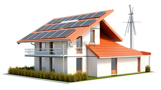 太阳能房屋背景图片_白色背景隔离房屋的 3D 渲染，配有太阳能电池板和风车